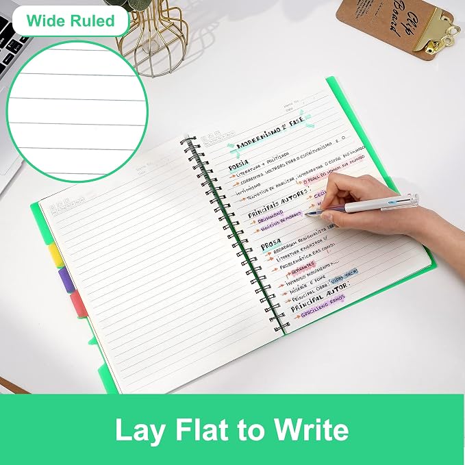 CAGIE Spiral Notebook 8.5 x 11 with Dividers 5 Subject Notebook with Tabs Wide Ruled A4 Spiral Bound Journal for Note Taking Work School Supplies, 220 Pages, Green | College Ruled 240 Pages Spiral Notebook for Note Taking, School, Work, Green