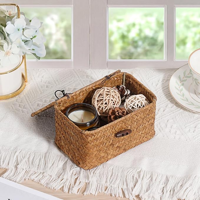 Small Decorative Box Natural Seagrass Box with Lid Small Basket for Organizing Keys Wicker Shelf Baskets for Bathroom Living Room,6.1"L x 4"W x 3.3"H