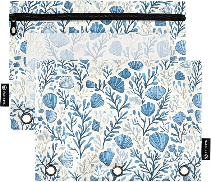 Blue Scallop Seaweed Nautical Coastal Pencil Pouch for 3 Ring Binder 2 Pack Zipper Binder Pencil Bag Case with Clear Window Office School Supplies
