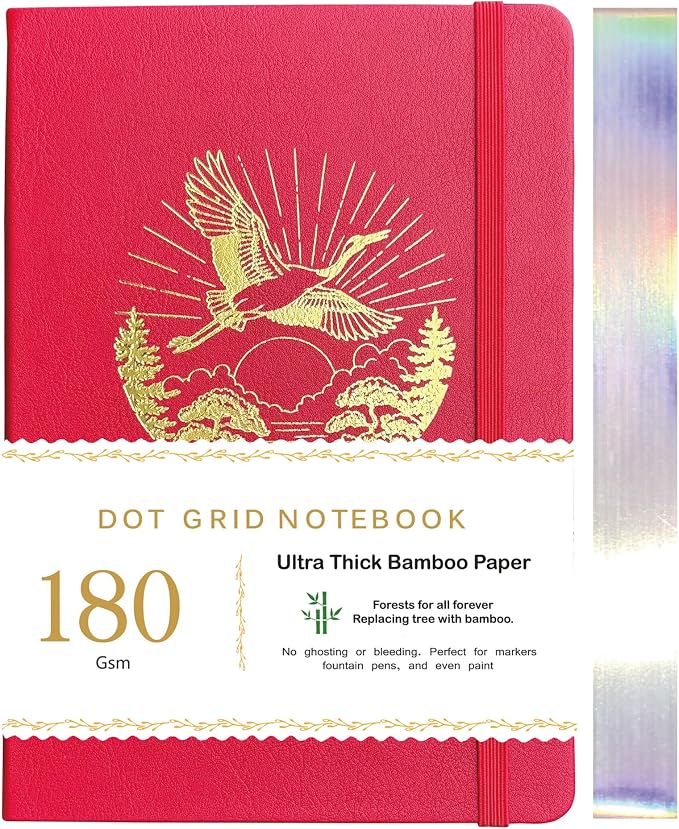 BUKE Dotted Notebook Journal 180GSM Bamboo Thick White Paper 160 Pages 5 * 5MM Dot Grid, Lay Flat Binding,Colored Silver Edges, Bookmarks and Expandable Back Pocket (BKP-6)