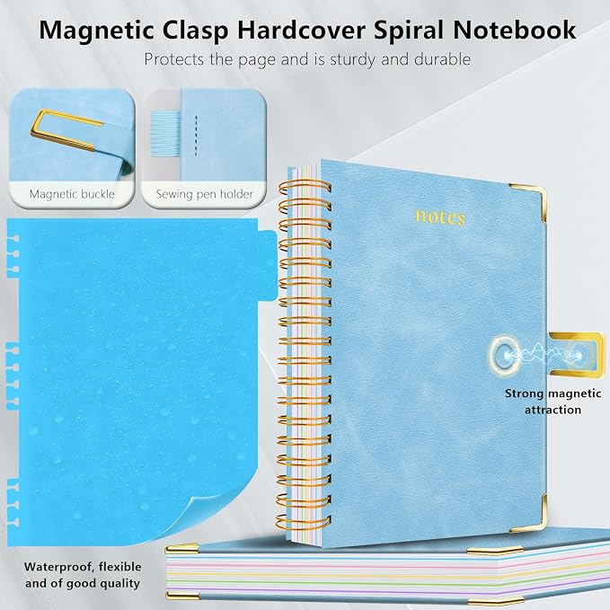 Hardcover Spiral Notebook College Ruled, 8.5"x11" Leather Journal Notebook with Magnetic Closure, 300 Pages 5 Subject Notebook with Dividers Tabs Journal for Women Men, Work, School(Light Blue)