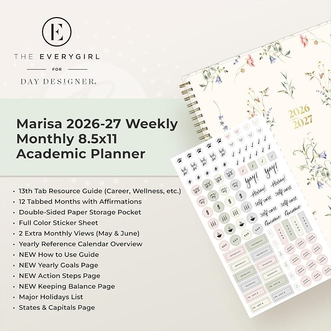 Blue Sky 2026-2027 Weekly & Monthly Academic Planner, 8.5"x11", Marisa | July 2026 - June 2027, Flexible Cover, Wirebound, Laminated Tabs, Storage Pocket, Stickers, Academic Year, The Everygirl
