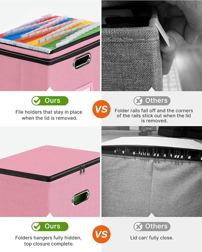 Oterri File Box Small 1-Pack Mesh Pockets Hanging Organizer for Letter-Size | Dustproof Lid. 3 Mesh Pockets. Collapsible Scratch-Resistant GRS Linen. Slide Rails. Office, Home, Dorm