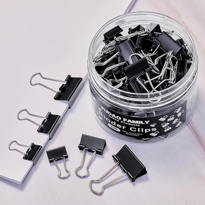 100pcs Binder Clips Assorted Sizes, Black Paper Clamps, Medium, Small, Mini 3 Sizes with Box for Office, School and Home (Pack of 2)