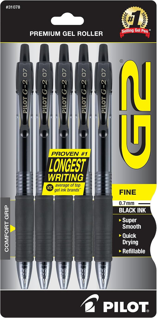Pilot G2 Pens, Premium Refillable and Retractable Rolling Ball Gel Pens, Fine Point, 0.7mm, Black Ink, 5-Pack