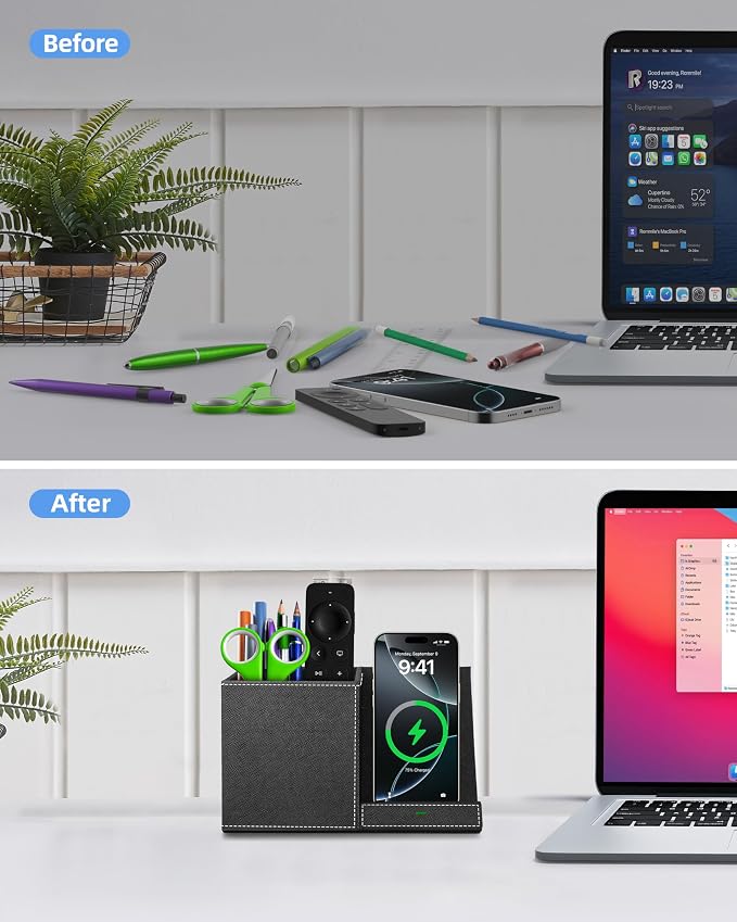 Pen Holder with Wireless Charger, PU Leather Pencil Holder for Desk, Multi-Functional Desktop Organizer, Desk Organizers and Accessories for Home School Office Supplies, Black