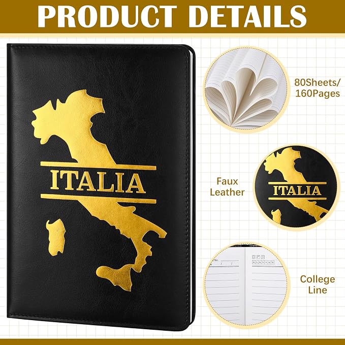 Thenshop 3Pcs Italy Souvenir Gift Set A5 Lined Leather Journal with Gold Embossed Map of Italy Notebook and Black Pen for Work, Business, School or Home Writing, Travel Planner, Gift Box Included