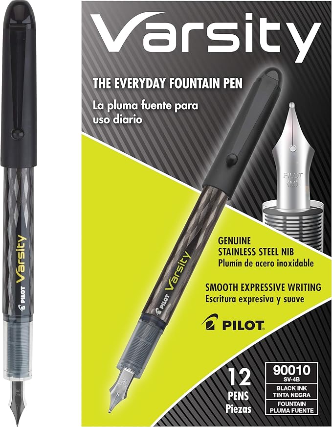 Pilot Precise Varsity Pre-Filled Fountain Pens for Writing, Medium Point Stainless Steel Nib, Black Ink, 1.0mm, 12-Pack