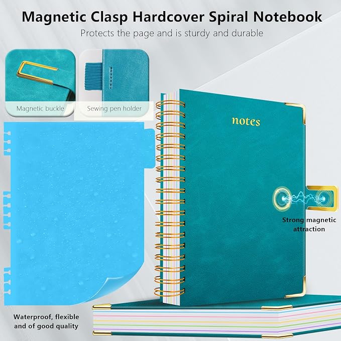 Hardcover Spiral Notebook College Ruled, 6.2"x 8.2" Leather Journal Notebook with Magnetic Closure, 300 Pages 5 Subject Notebook with Dividers Tabs Journal for Women Men, Work, School(Deep Blue)