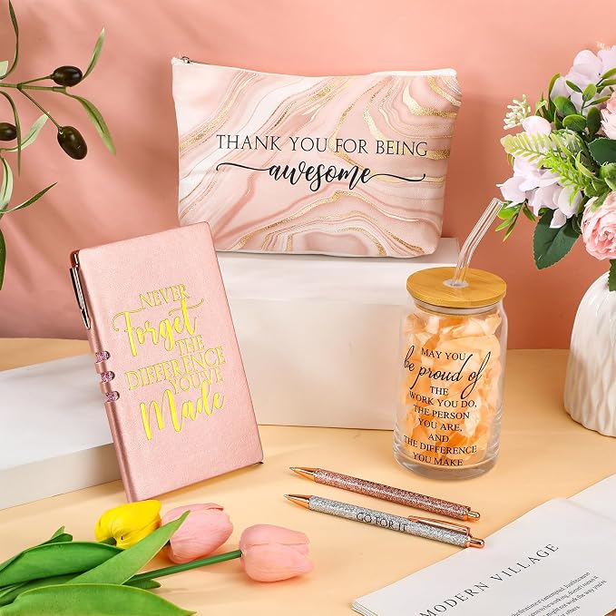 Funnymoom 6 Pcs Appreciation Gifts Set for Women Back to School Teacher Gifts Employee Thank You Gift with 17 oz Glass Tumbler Journal Pens and Pouch for Coworkers Educators,Marble,Pink