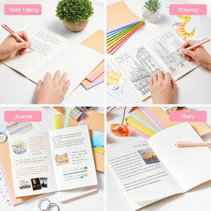 feela 16 Pack Composition Notebook Bulk, Kraft Cover Lined Blank College Ruled Travel Journals with Pastel Color Spine For Women Students Office, 60 Pages, 8.3”x 5.5”, A5, 8 Pastel Colors