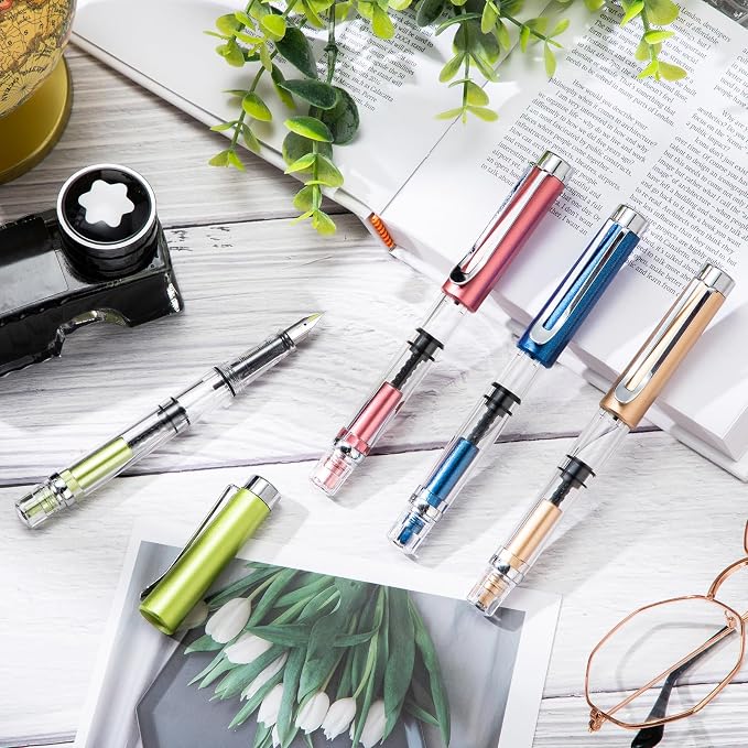 Epakh 4 Pieces Refillable Fountain Pen Transparent Piston Pen Extra Fine Filling Fountain Stationery for Calligraphy Painting, Drawing, School, Scrapbook and Sketch Signature