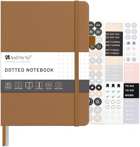 &And Per Se Dotted Journal Notebook – A5 Hardcover, 160 Pages 100gsm Paper, Dot Grid Notebook for Planning & Creative Journaling, 3 Sticker Sheets Included (Light Brown)