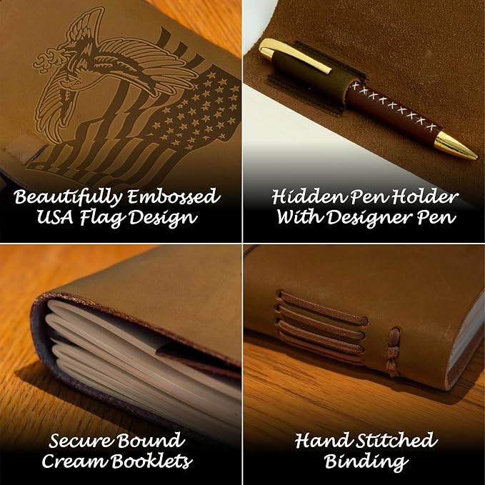 Sovereign-Gear - USA Flag Leather Journal Gift Set - Embossed Buffalo Leather Notebook with Pen & Bookmark - Patriotic Writing Journal for Men & Women - Gift for Veterans, Military, First Responders