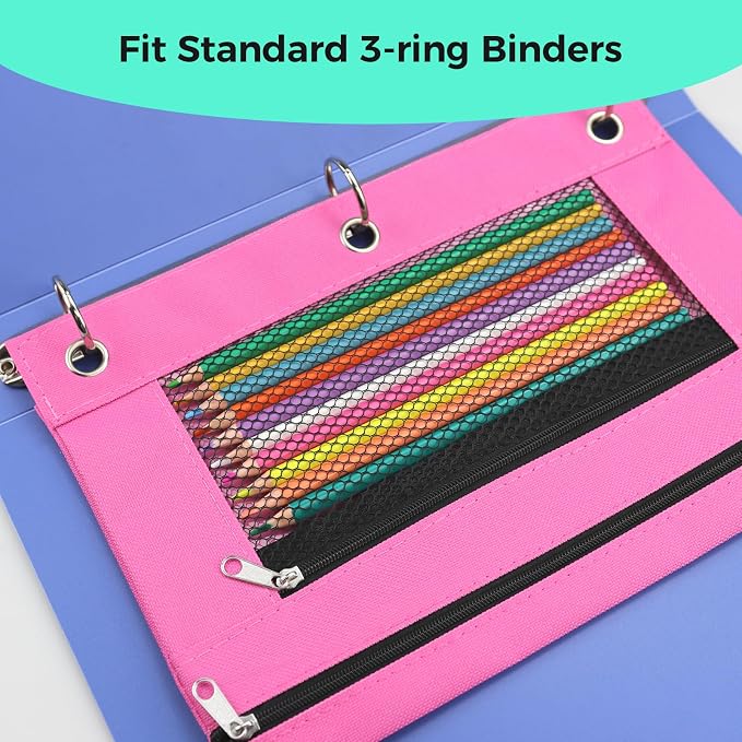 Pencil Pouch for 3 Ring Binder, Pencil Case with Zipper, 600D Fabric Pencil Pouch Bag Holder Accessories, Clear Window Pencil Case Aesthetic Back to School Organizer Pockets for Boy Girl (Pink)