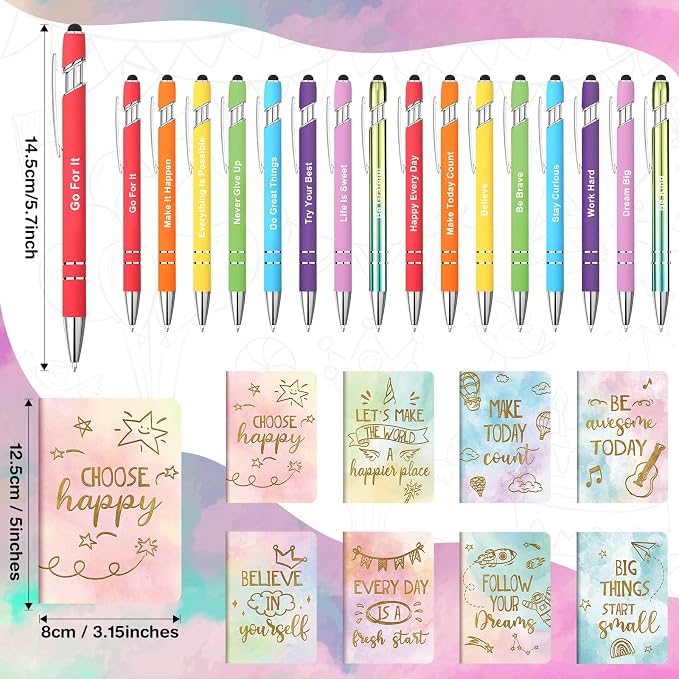 Funrous 32 Pcs Motivational Quote Pens Inspirational Notepads Mini Journal with Ballpoint Pen Small Notebooks Gift for Men Women Coworker Adult Party Favors Prize Teacher Student Office(Watercolor)