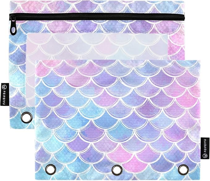 Gredecor Binder Pencil Pouch 3 Ring Magic Pink-Blue Mermaid Scales Zipper Pencil Pouches Case 2 Pack Clear Binder Organizer for School Office