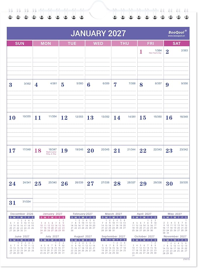 2027 Wall Calendar - Small Wall Calendar 2027, JAN 2027 - DEC 2027, 8.5" x 11", Twin-Wire Binding, Ruled Blocks, Julian Dates, Premium Paper