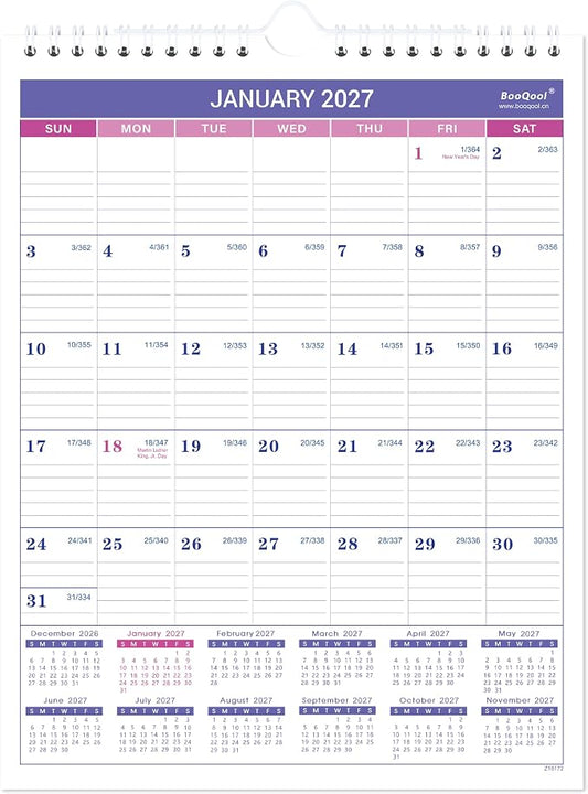 2027 Wall Calendar - Small Wall Calendar 2027, JAN 2027 - DEC 2027, 8.5" x 11", Twin-Wire Binding, Ruled Blocks, Julian Dates, Premium Paper