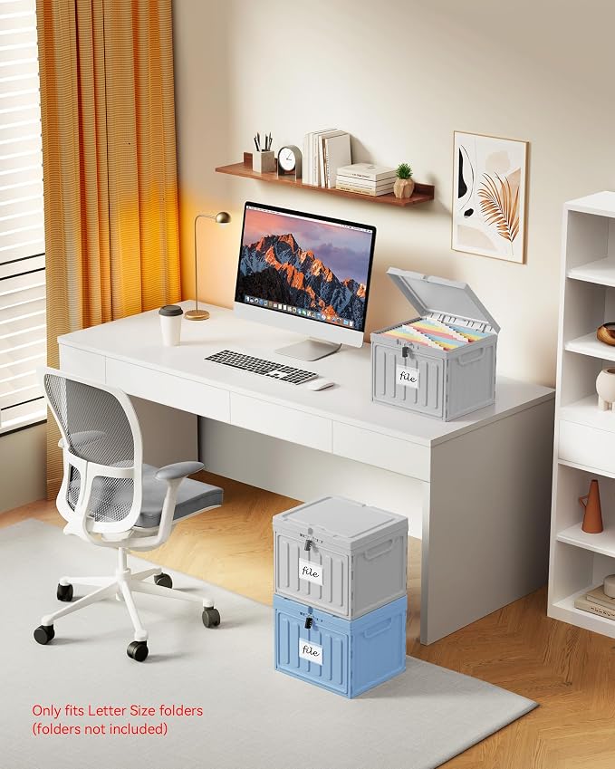 Oterri Lockable Plastic File Box with Lid for Letter-Size | Hanging File Folders Not Included. Grey, Large 2-Pack. Home, Office, Classroom, Dorm, Tax, Under Bed, Filing Cabinet.