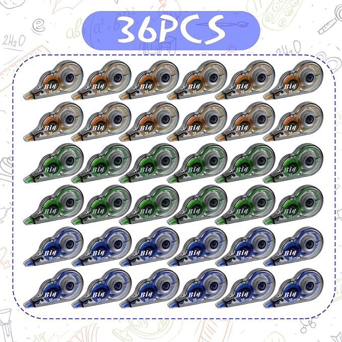 Yexiya 36 Pcs Correction Tape, Colorful Original Correction Tape White Wide Tape Easy to Use Cute Correction Roller for School Home Office Supplies, 0.2 Inch x 39.4 Feet (Blue, Orange, Green)