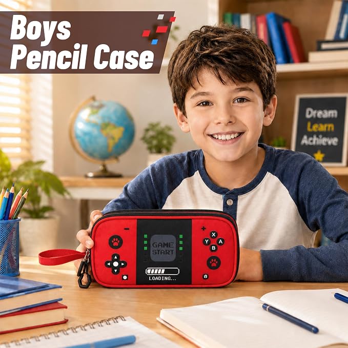 Pencil Case for Boys, Large Capacity Pencil Pouch with Zipper Compartments, Gamer Pen Bag Organizer for School Kids Teens