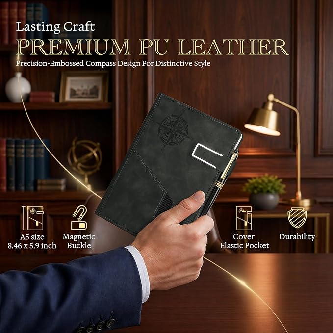 Lined Notebook Journal for Men Women, College Ruled Notebook, Hardcover Leather Journal with Pen & Gift Box, 256 Pages Thick Daily Diary, Professional Notebooks for Work, School, Business, Writing, A5