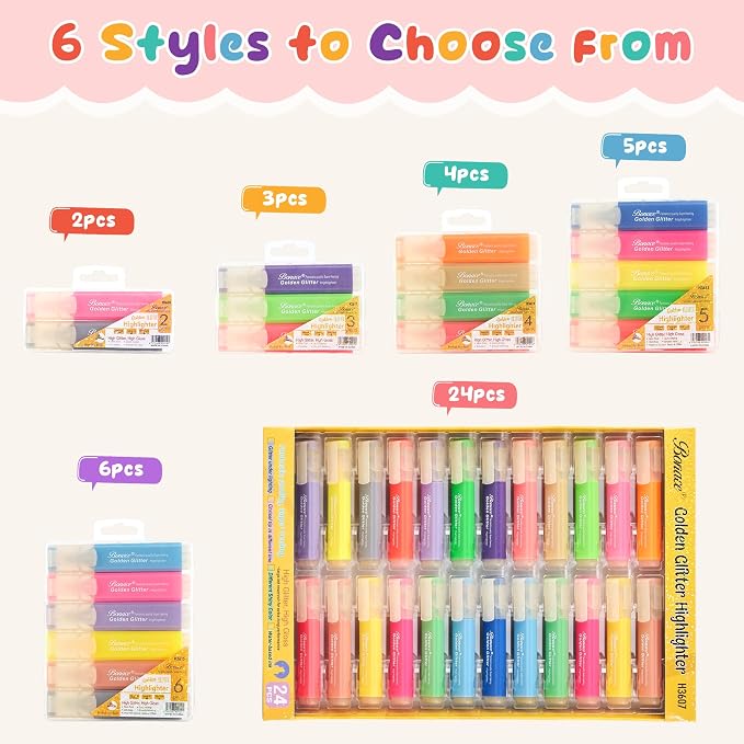 24 Glitter Highlighters, Metallic Chisel Tip Marker Pens | Pastel & Fluorescent Colors | Quick-Dry for Notes, Planners & DIY Crafts