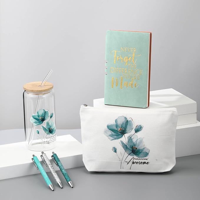 Funnymoom 6 Pcs Appreciation Gifts Set for Women Back to School Teacher Gifts Employee Thank You Gift with 17 oz Glass Tumbler Journal Pens and Pouch for Coworkers Educators,Floral,Green