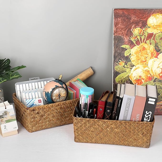 Set of 2 Wicker Storage Baskets for Shelves, Simple Organizing Basket for Home Shelf Baskets Woven Wicker Organizer Bins Shelf Baskets for Organizing Wardrobe Desktop Home Decor, Caramel