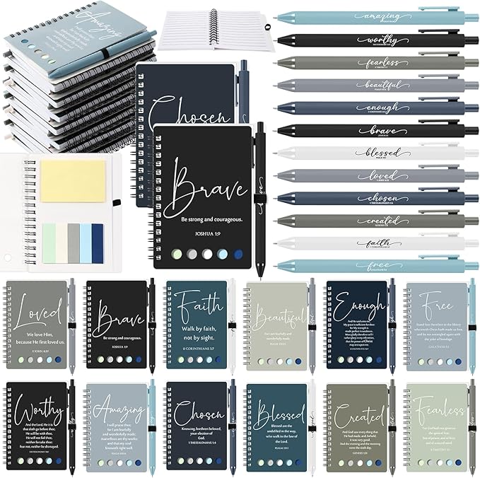Kosiz 24 Sets/48 Pcs Christian Gifts Bulk Prayer Journal Scripture Notebook, Bible Pen(Simple, Dark Color)