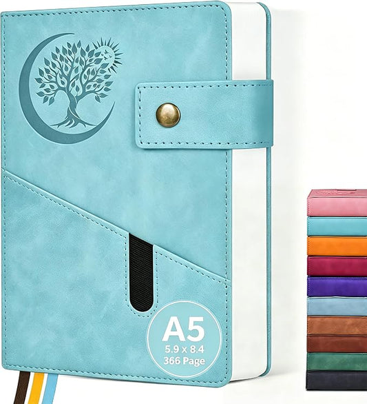 PAIBAS A5 Journal Notebook College Ruled 366 Pages Leather Journal for Men | Medium notebook A5 journal with 100gsm lined notebook paper, 3 ribbon bookmarks, cover pocket & brass snap button 5.9"x8.4"