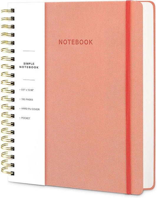 Spiral Notebook - 8.5 x 10.98 Inch Large Hard Cover Notebook with Elastic Band & Pocket, 180 Pages, Lay Flat Wirebound Journal for Work, School, Planning & Note Taking Pink