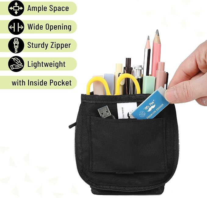 Mr. Pen- Standing Pencil Case Pouch, Sit & Lay Mesh-View Design | Black & Lawn Green, Interior Pocket & 2 Elastic Binder Loops, Cute Pencil Case for Girls and Boys