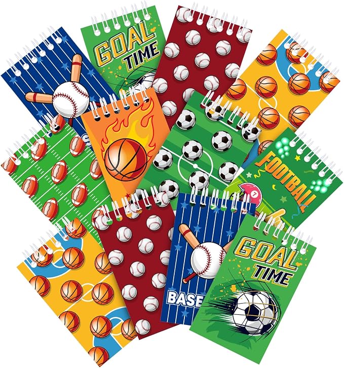 Pajean 24 Pieces Sports Mini Notepads, Sports Party Favors Spiral Journal Basketball Baseball Football Ball Notebooks for Goodie Bags Stuffers 2.36 x 3.94 Inches