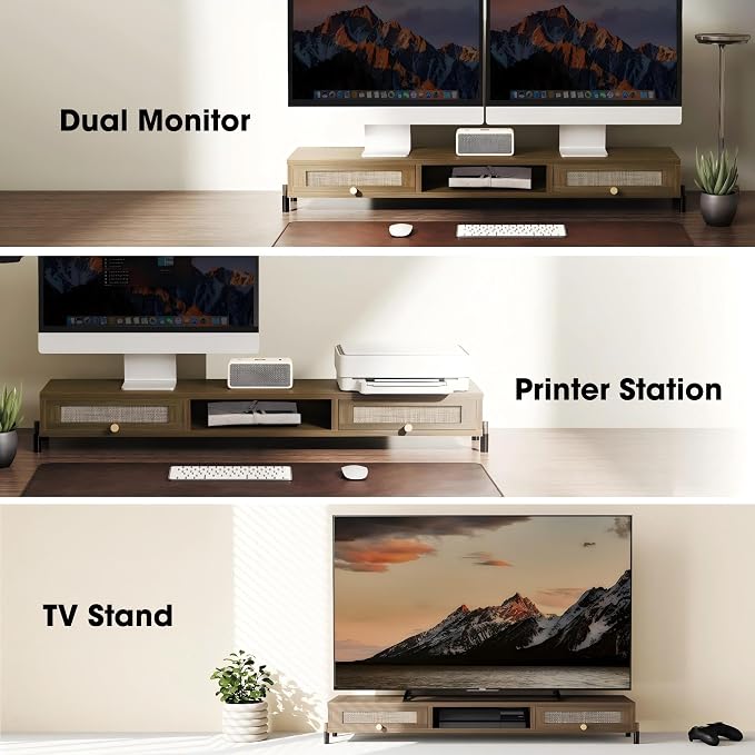 Fenge Dual Monitor Stand, Wooden Riser With Rattan Woven Flip Drawers | 2-Tier Monitor Riser, 42.5in Long Desk Shelf for 2 Monitors, Vintage Computer Stand for Laptop, Printer, TV, Brown
