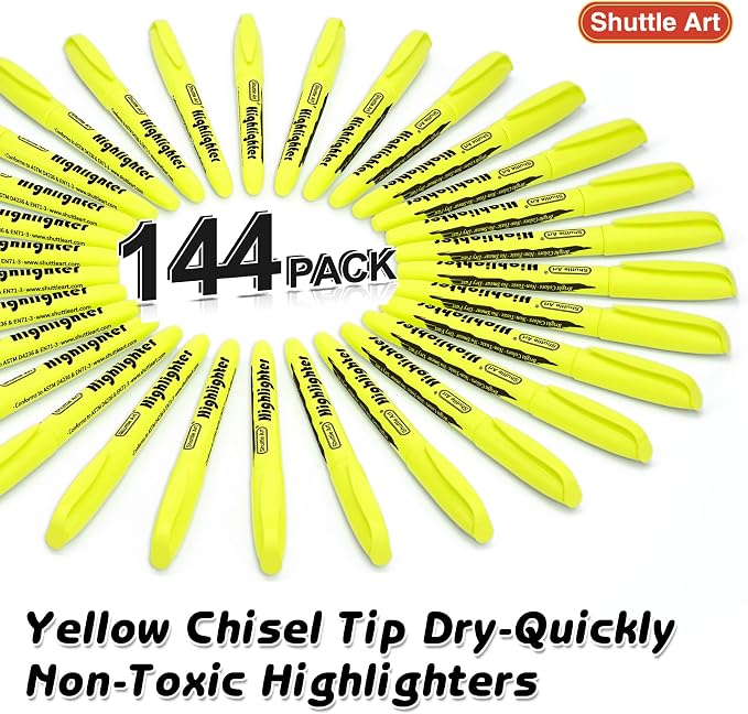 Shuttle Art 144 Pack Highlighters, Yellow Highlighter Pen Bulk with Versatile Chisel Tip Dry-Quickly Non-Toxic Highlighter Markers for Adults Teachers Students Highlighting in Home School Office