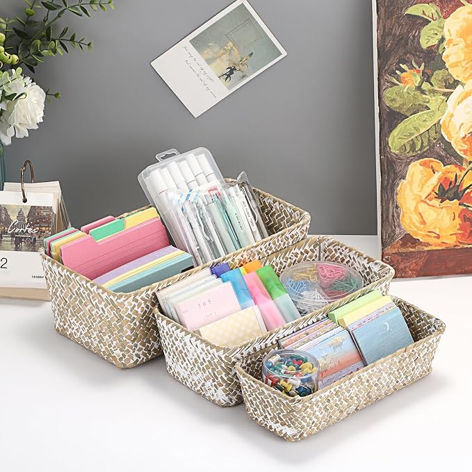 3 Natural Wicker Baskets Set Rectangular Handwoven Seagrass Basket Storage Bins Home Organizer Bins - Household Basket Box for Shelf Wardrobe Desktop Home Decor (Whitewash)