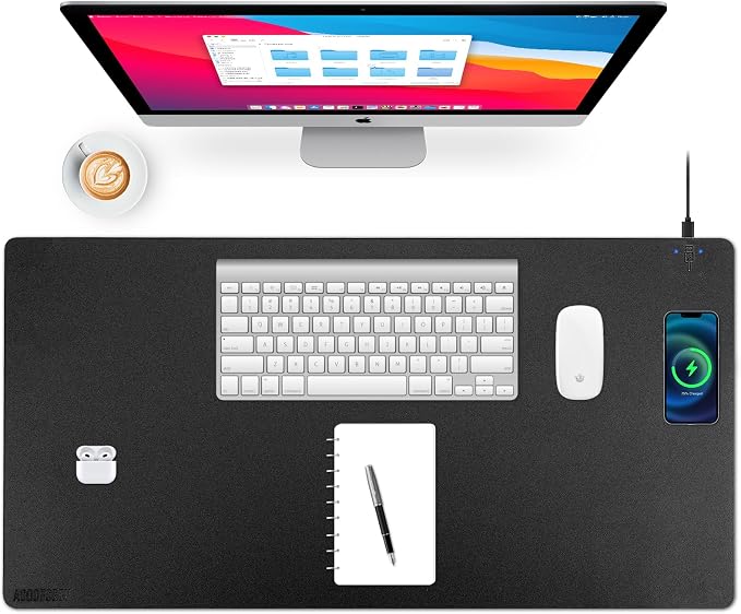 Wireless Charging Desk Mat, Mouse Pad,Black-R, 32 * 16inch | Desk Pad for Desktop Charging, Large Mouse Pad, Waterproof Leather Computer Mat, Non-Slip Protector, For Keyboard and Mouse