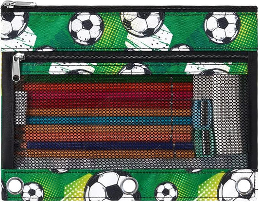 WAWSAM Soccer Pencil Pouch for 3 Ring Binder, Zipper Pencil Pouch for Boys | 2 Pocket Clear Window Pencil Case, 3 Ring Pencil Pouch for School Supplies, Pencil Bags for Office College