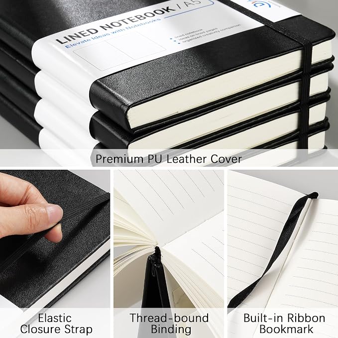 A5 Lined Journal 6 Pack - Black PU Leather Hardcover Notebook, 100gsm Thick Paper, 200 Pages (100 Sheets), Office Work Business Notebook with Table of Contents & Back Pocket for Meetings & Teams