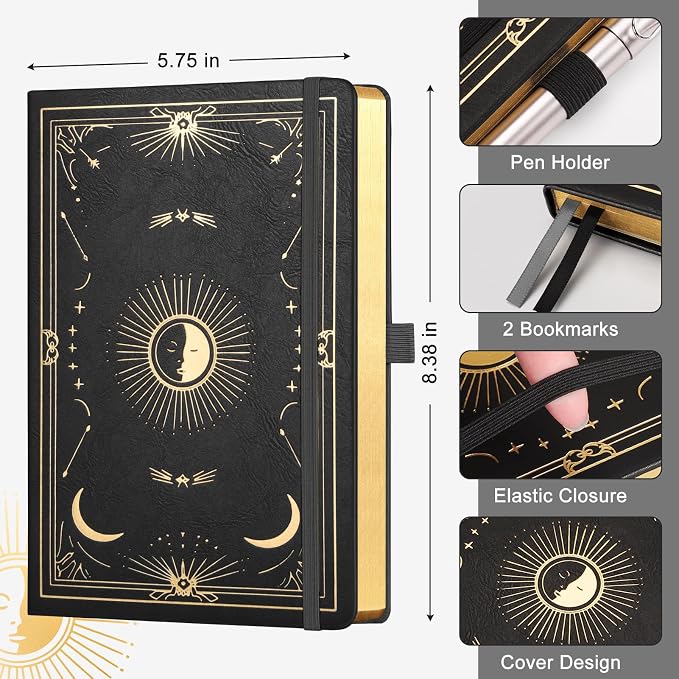 Dotted Journal Notebook for Women Men, 192 Pages, A5 (5.7'' x 8.3'') | Hardcover Leather Notebook with 100GSM Thick Paper for Traveling, Journaling, Planning, Tracking (Black)