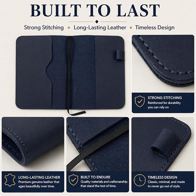 Blue Leather Journal Cover XL – Handmade Refillable Notebook Holder with Pen Loop, B5 Writing Organizer for Office, Travel & Professional Use 7.5 x 9.5