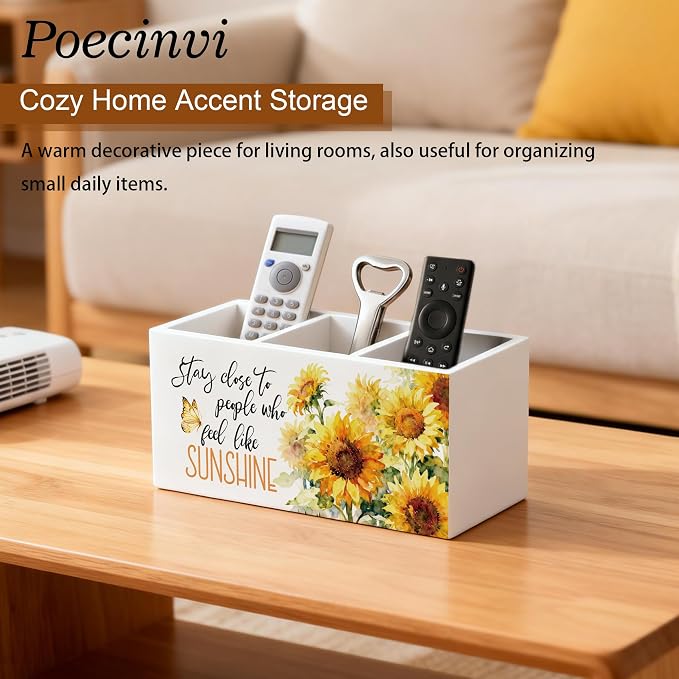 Inspirational Sunflower Pen Holder for Home Office Desk, Stay Close to People Who Feel Like Sunshine Motivational Wooden Box Sign Pencil Holder for Desk Shelf Organizer