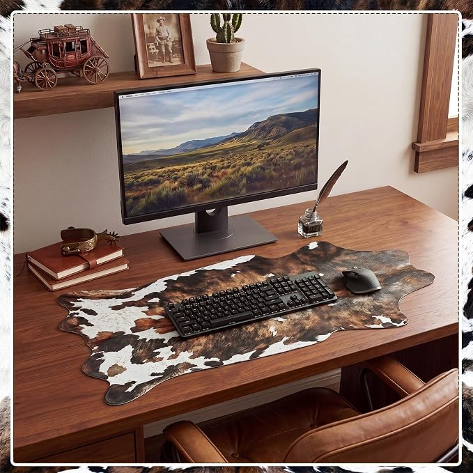 Sabary Large Cow Print Desk Mat Brown Cowhide Leather Print Gaming Mouse Pad Western Rug Irregular Shaped Animal Decor for Laptop PC Computer Office Home Desktop Decor 31.5" x 15.8"