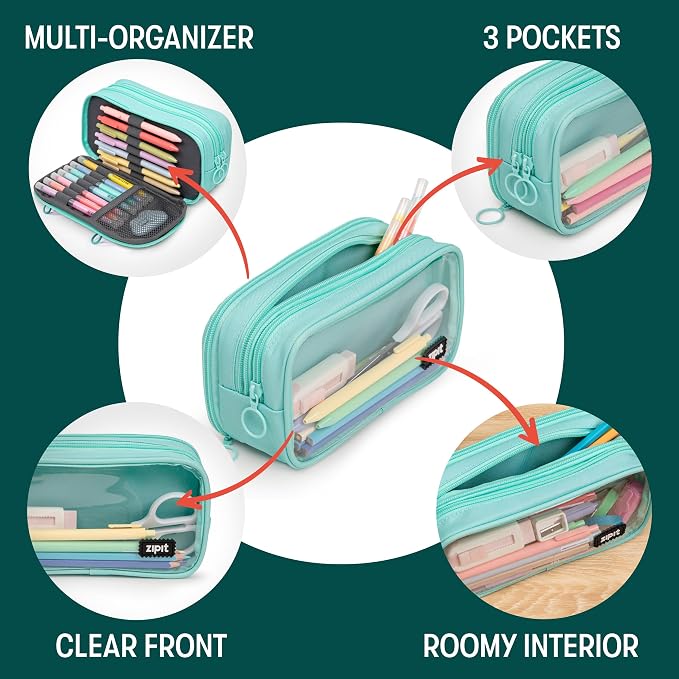 ZIPIT Half & Half Pencil Case, 3 Compartment Zipper Pouch for School, Stationery Bag for Teen Girls Boys and Adults, Mint