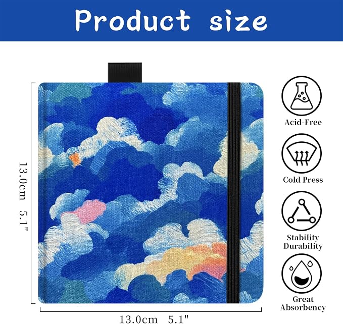 5x5 Handy Portable Handmade Cloth Fabric Hardcover Sewing Binding Travel Watercolor Paper 140LB/300gsm 20Sheets/40Pages Journal Mixed Media Pad Sketchbook. Blue Cloud
