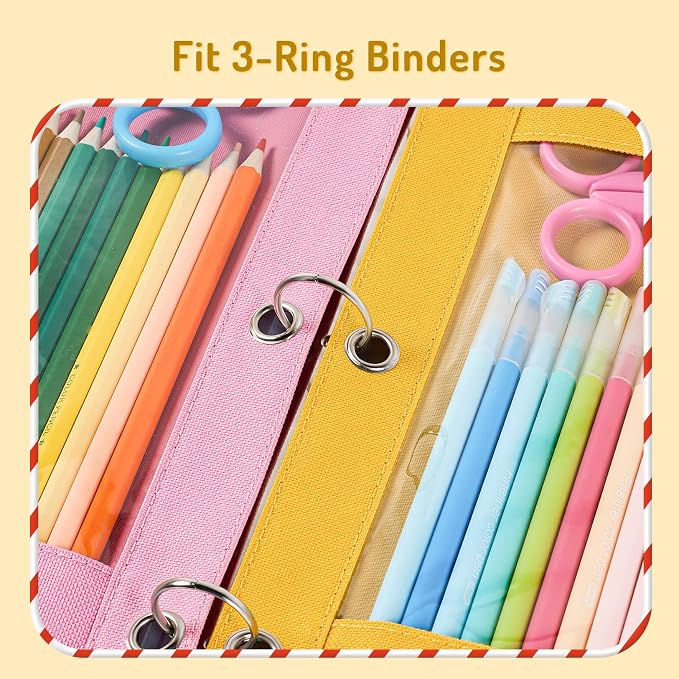 Forvencer Pencil Pouch for 3 Ring Binder, Large Pencil Case Pouch with 3 Reinforced Grommets, Pen Bag, Clear Window Pencil Case, Binder Accessories, Daffodil