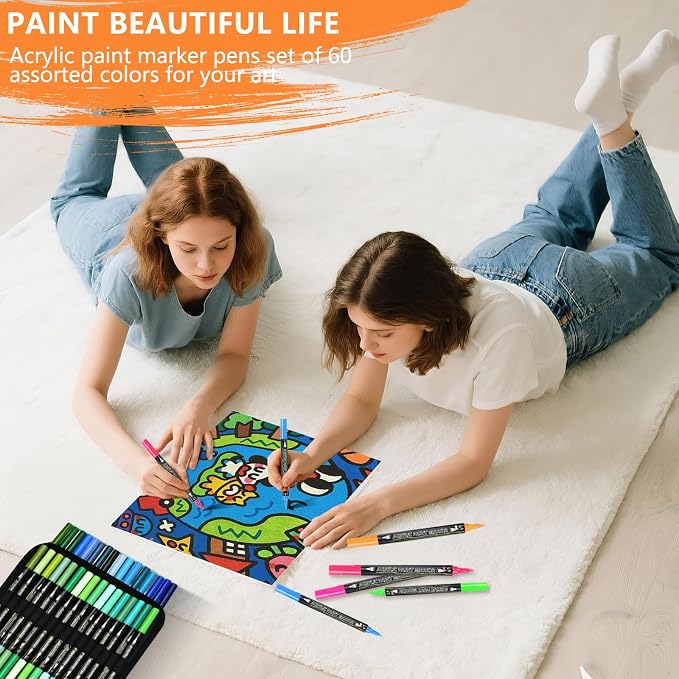 100-Pack Acrylic Paint Pens, Dual Tip with Brush & Fine, Carrying Case | 88 regular +12 metallic color, Ideal for rock, canvas, wood, fabric, Black Paper, Photo Album, Card Making, DIY Crafts