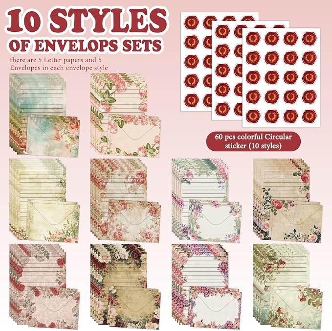 160 Pcs Stationery Paper Envelopes Set Includes 50 Lined Writing Paper & 50 Envelopes with 60 Colorful Round Dot Stickers, Vintage Floral Letter Writing and Stationery Paper Envelopes(10Style)